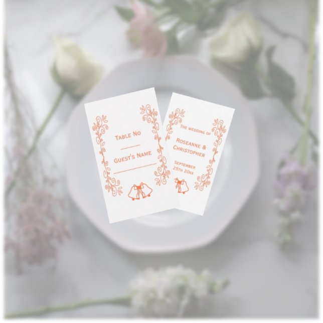 Koral Klockor Scrollwork Design Bröllop Placeringskort (Coral wedding place setting card bells and scrollwork design)