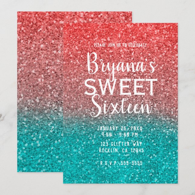 Koral Melon Orange Teal Aqua Glitter Sweet 16 Inbjudningar (Fram/baksida)