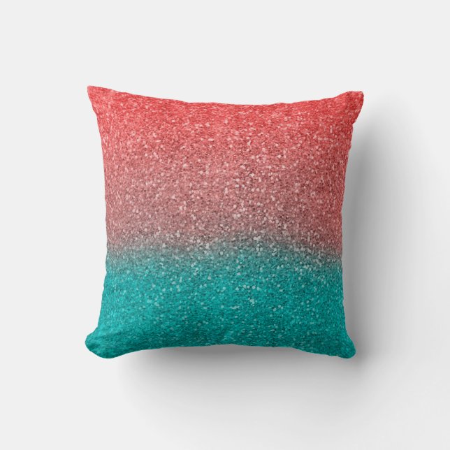 Koral Melon Orange Turkos Aqua Grön Glittrig Glitt Kudde (Framsida)
