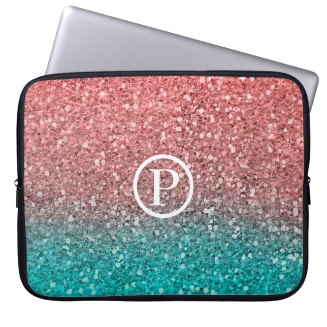 Koral Melon Orange Turkos Aqua Grön Glittrig Glitt Laptop Fodral (Framsidan)