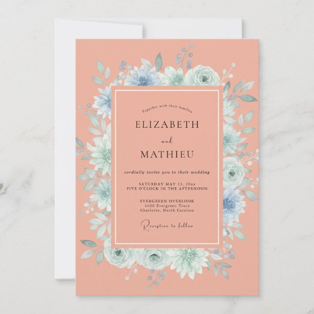 Koral Mjuk Botanisk Sommarbröllop Inbjudningar (Framsida)