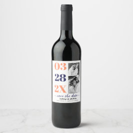 Koral och blått två foto Spara datum Vinflaska Etikett