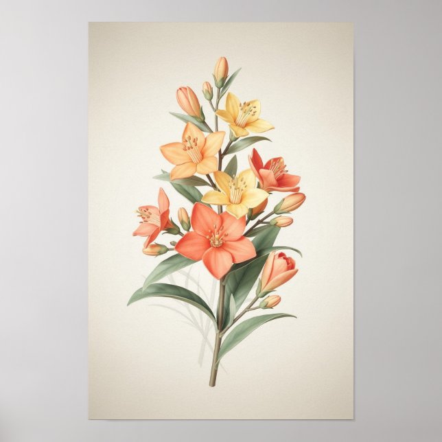 Koral- och Crème Liljor Botaniska Poster (Framsidan)