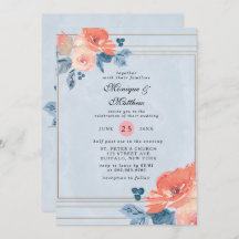 Koral och Dusty Blue Blommigt Geometric Bröllop