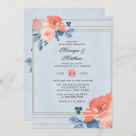 Koral och Dusty Blue Blommigt Geometric Bröllop Inbjudningar