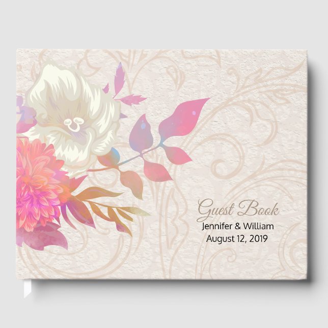 Koral och Elfenbenskusten Blommigt Bröllop Gästböcker (Framsida)