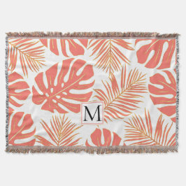 Koral och guld tropiska löv och monogram filt