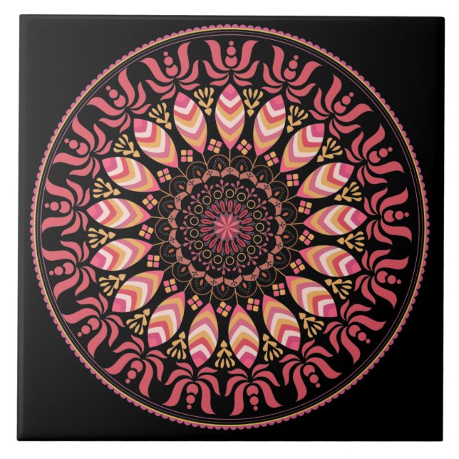 Koral och Rosa Feather Mandala Ceramic Tile Kakelplatta (Framsidan)
