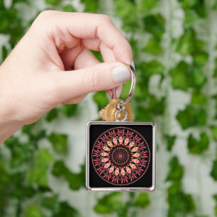 Koral och Rosa Feather Mandala Keychain Fyrkantig Silverfärgad Nyckelring