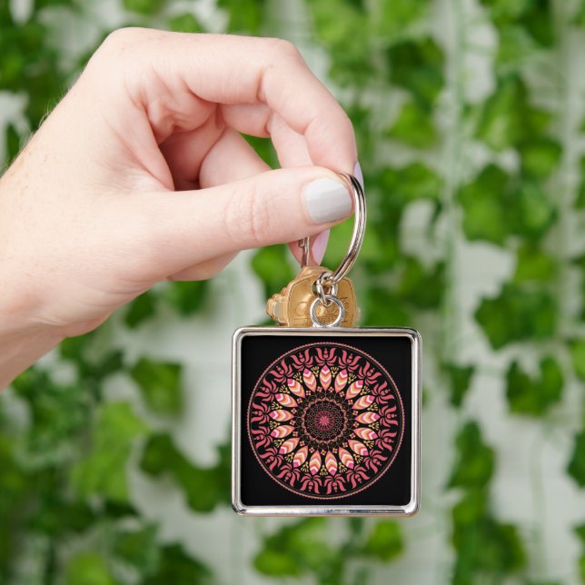 Koral och Rosa Feather Mandala Keychain Fyrkantig Silverfärgad Nyckelring (Hand)
