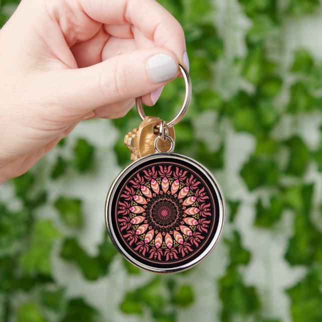 Koral och Rosa Feather Mandala Keychain Rund Silverfärgad Nyckelring (Hand)