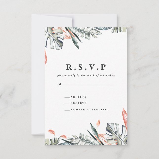 Koral och tropisk löv foliage bröllop R.S.V.P OSA Kort (Framsida)