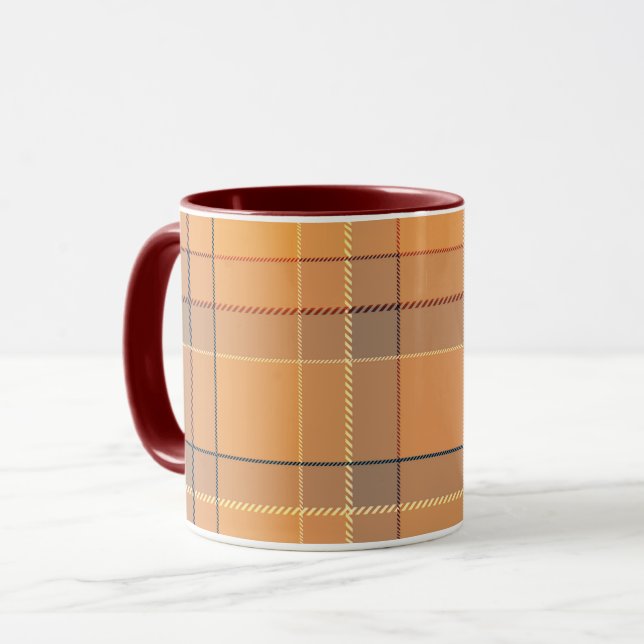 Koral, orange, brun tartan plaid. mugg (Framsida vänster)