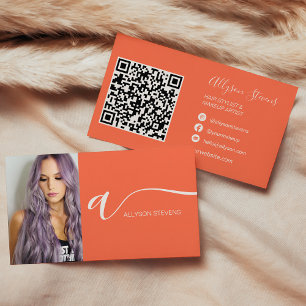 Koral orange hårsmakeup fotoinledande qr-kod visitkort