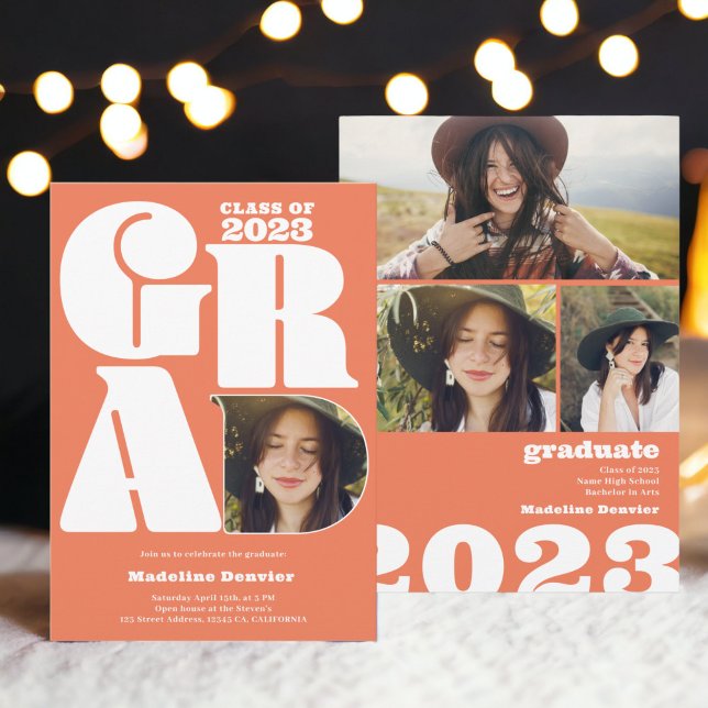 Koral överdimensionerad Grad 4-bild 2023 studenten Inbjudningar (Coral bold oversized Grad 4 photo 2023 graduation Invitation)