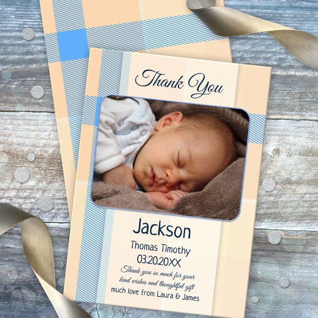 Koral Pastel Play Baby Photo - tackkort Tack Kort (Gender neutral baby Thank You card with a photo of your own baby on a pastel blue and peach plaid)