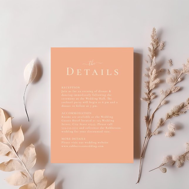 Koral Peach Modern Minimalist Bröllop-informations Inbjudningar (Coral Peach Modern Minimalist Wedding Details Card on a table with blush pink dry flowers.)