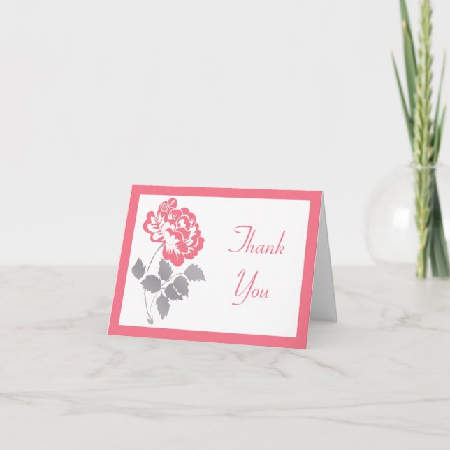 Koral Peony på vit med grå Tacksamhetskort Tack Kort (Framsida)