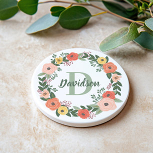 Koral Rosa Blommig Grönska Monogram Namn Underlägg
