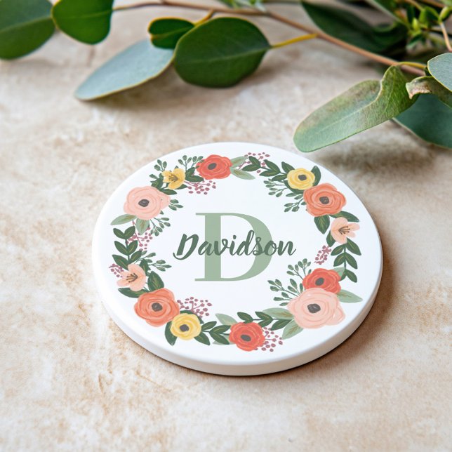 Koral Rosa Blommig Grönska Monogram Namn Underlägg (Skapare uppladdad)