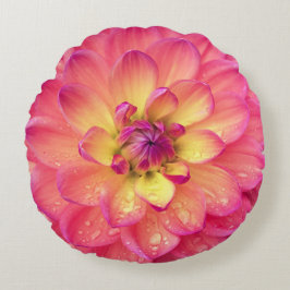 Koral rosa gult dahlia zinnia-blomma rund kudde