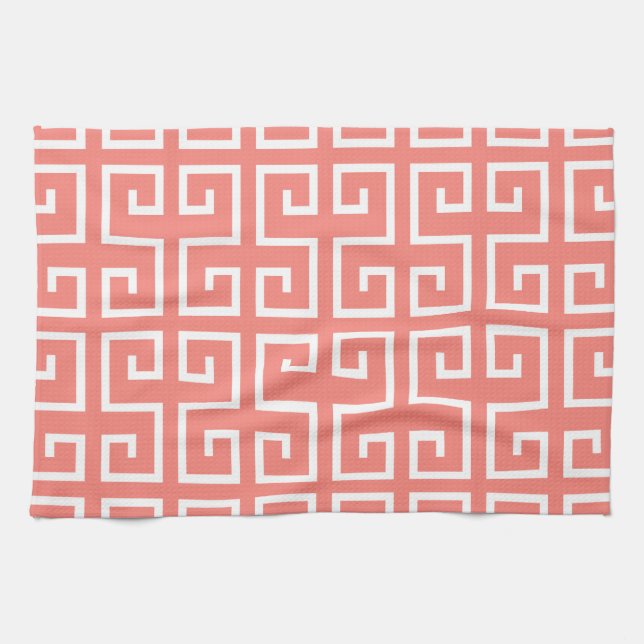 Koral Rosa och vit geometrisk Mönster Kökshandduk (Horisontell)