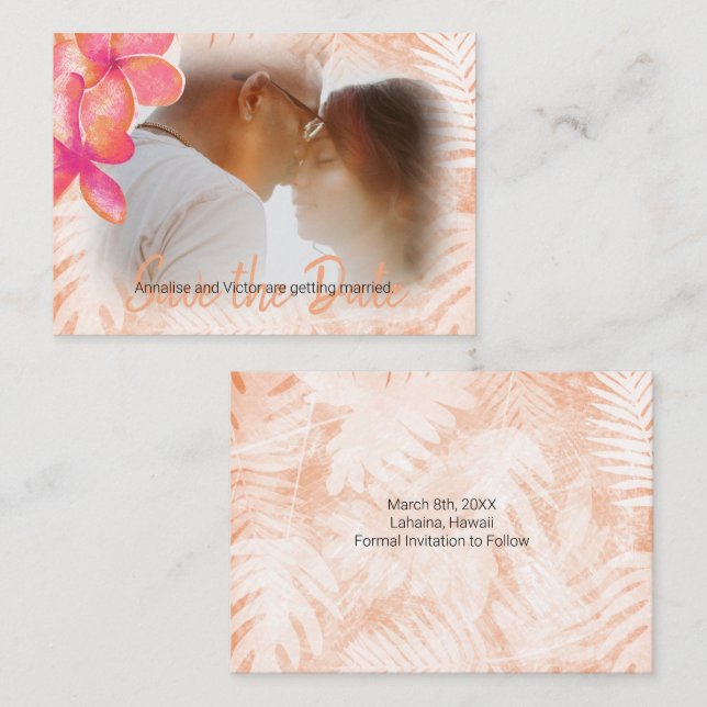 Koral Rosa Tropical Plumeria Spara-the-Date Card Rådkort (Fram/baksida)