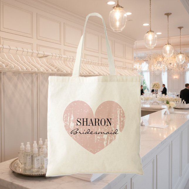 Koral rosa, vårdad tote bags tygkasse (bridesmaid tote bag with pink heart)