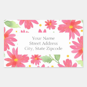 Koral Rosa Watercolor Daisy Mönster 2 Rektangulärt Klistermärke