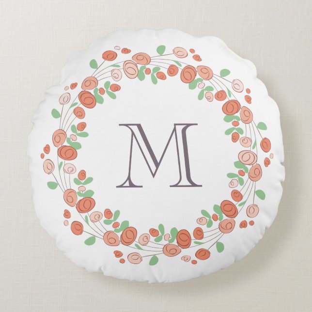 koral rosor krans monogram rund kudde (Framsidan)