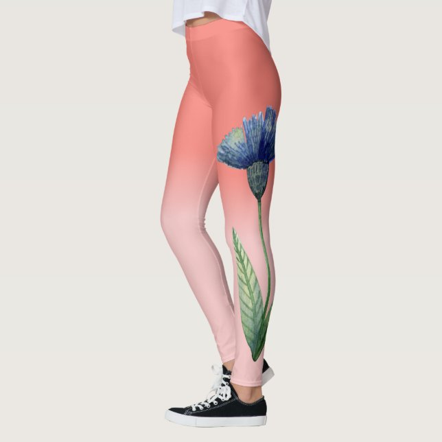 Koral Tea Rose-färgtoning med blå blomma Leggings (Vänster)