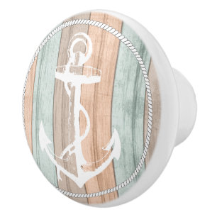 Koral, Teal och Tan Beach Wood - Nautical Anchor Knopp