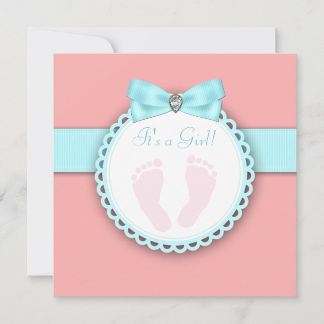 Koral Turkos Blå Rosa Fotavtryck Baby Shower Inbjudningar (Framsida)