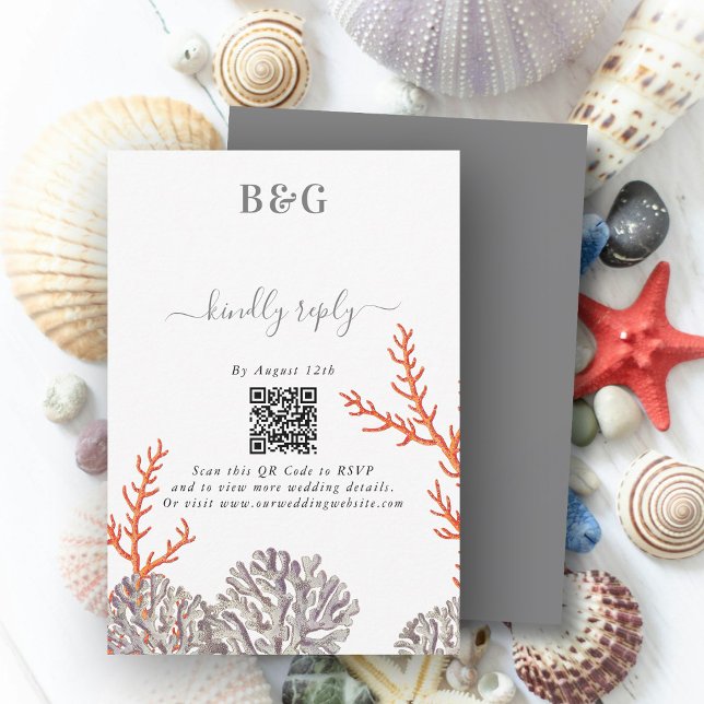 Koral vattenfärgsBeach Modern Bröllop QR-kod OSA Kort (Coral Watercolor Beach Modern Wedding QR Code RSVP Card)