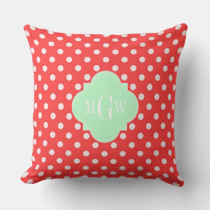 Koral Vit Polka Prickar Mint Fyrklöver 3 Monogram Kudde