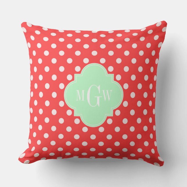 Koral Vit Polka Prickar Mint Fyrklöver 3 Monogram Kudde (Framsida)