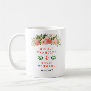 Korala röda rosor med lövbröllop kaffemugg