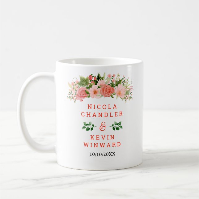Korala röda rosor med lövbröllop kaffemugg (Vänster)