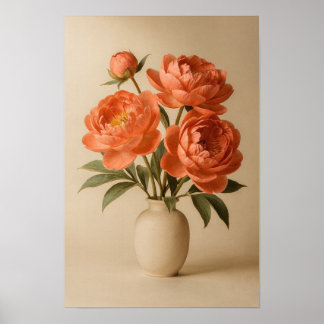 Koralfärgade pioner i elfenbensvas Blomsterposter Poster