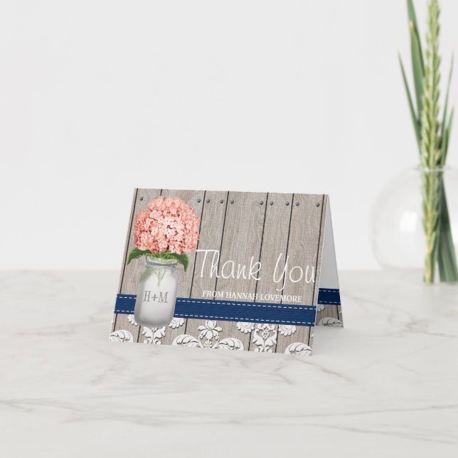 Koraljnavblå Hydrangea Monogram Murkelkruka TACK Kort (Framsida)