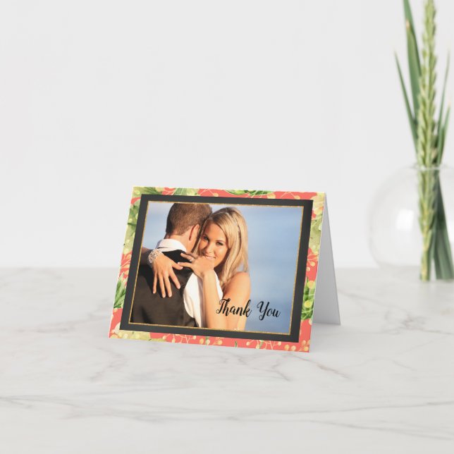 Korall Blommig Foto Bröllop Tack Kort (Framsida)