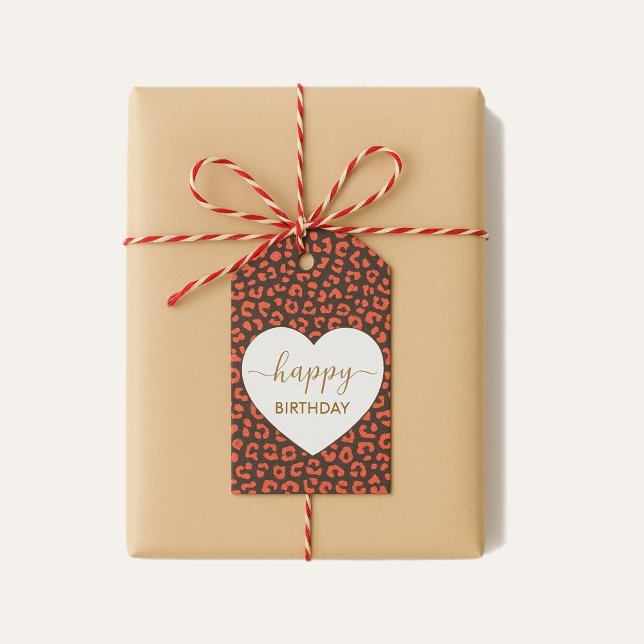 Korall Brun Leopardtryck Hjärt Glad Födelsedag  Presentetikett (Gift Tag)