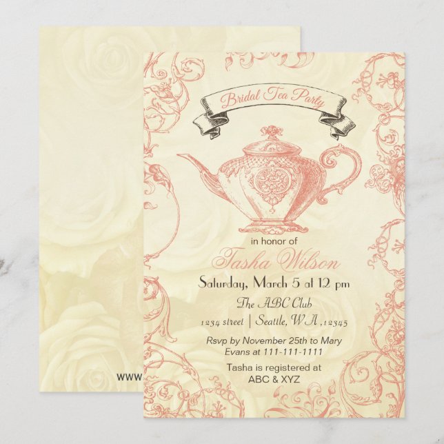 Korall Elfenbensrosor vintage Bröllops Teinbjudan Inbjudningar (Fram/baksida)