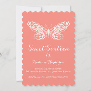 Korall fjäril Sweet Sixteen-inbjudan Inbjudningar