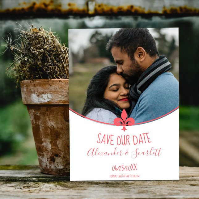 Korall Fleur de Lis Foto Spara Datum Meddelande (Coral Fleur de Lis Photo Save the Date)
