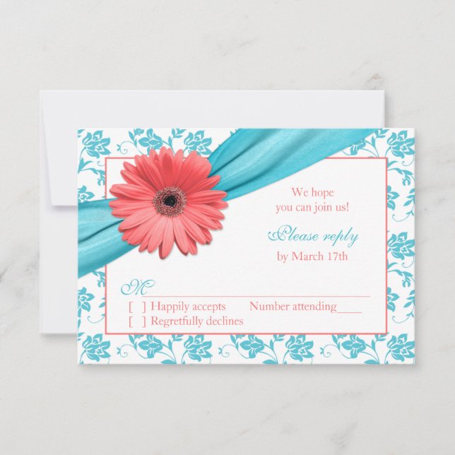 Korall Gerber Daisy Akvarell Damask Blommig Bröllo OSA Kort (Framsida)