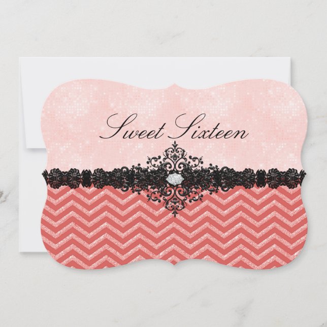 Korall Glitter Chevron & Damask Sweet16 Inbjudan (Framsida)