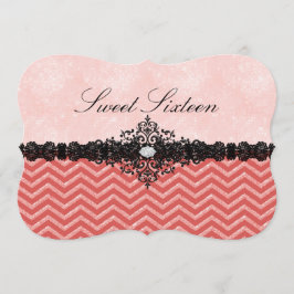 Korall Glitter Chevron & Damask Sweet16 Inbjudan