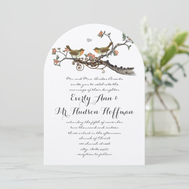 Korall & Grå Rustik Kärlek Fågel Bröllopsinbjudan Inbjudningar (Stående Fram)