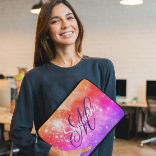 Korall Hot Pink och Lila Celestial Ombre Monogram Laptop Fodral